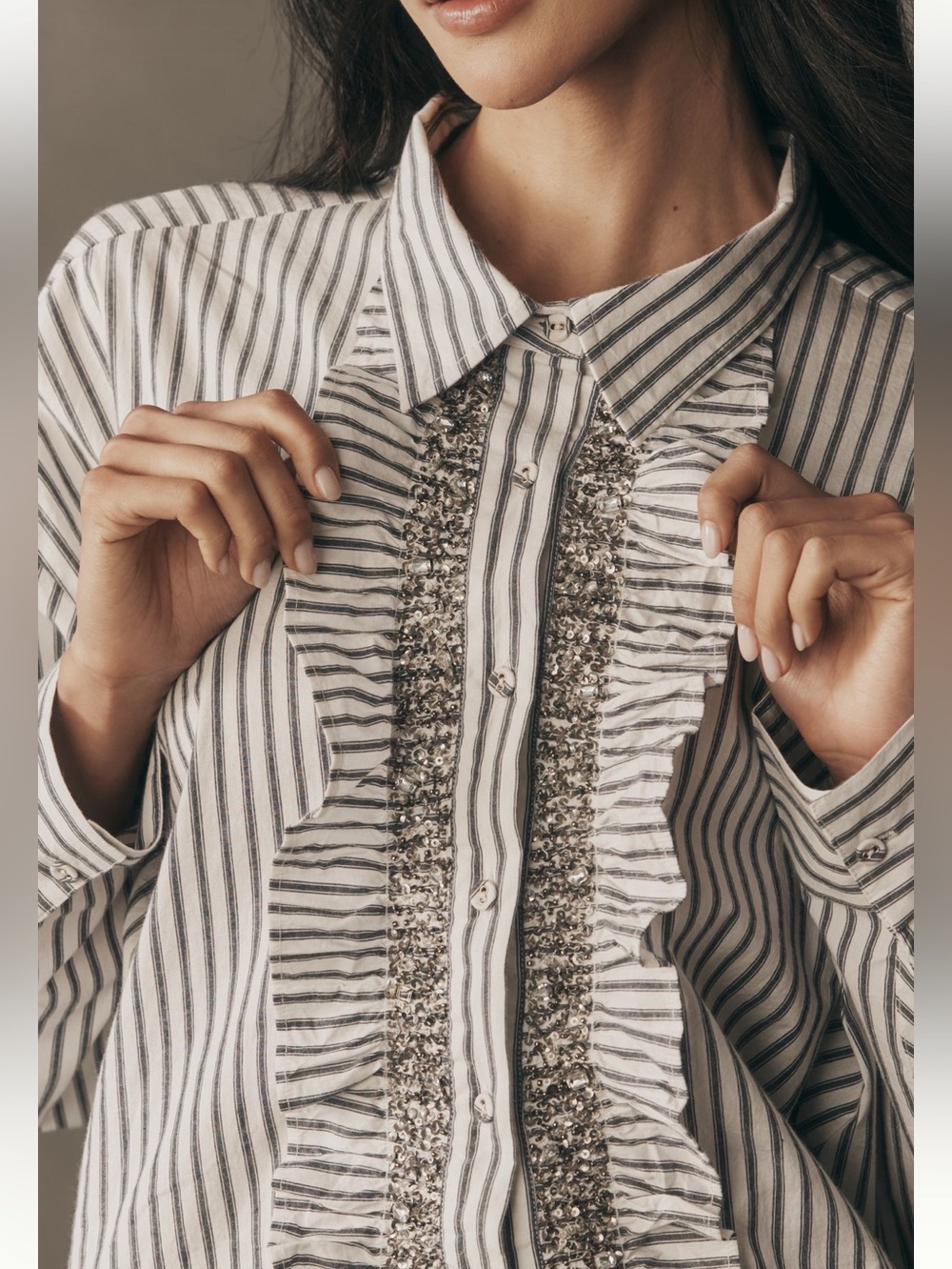 💎Anthropologie Embellished Button Down Shirt Pilcro Collared Relaxed New Stripe